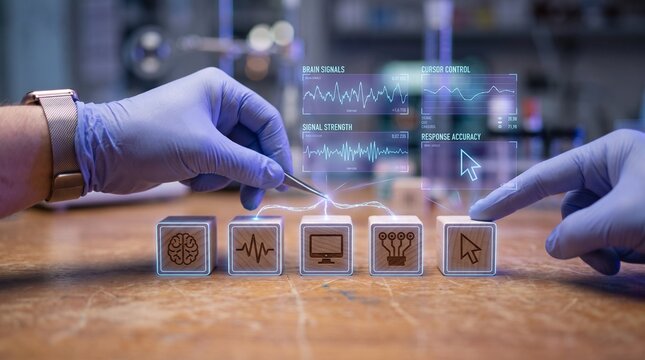 Scientist hands in blue latex gloves manipulating wooden blocks with glowing holographic brain interface icons while conducting medical research in a modern high tech laboratory setting