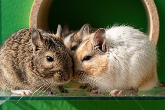 Two degus cuddle closely in a glass enclosure, showing furry pet companionship. Small rodents sit together in macro view, highlighting social bonds in captivity against green.