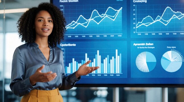 Black businesswoman presents financial data charts, graphs on large screen in modern office. Gestures confidently explaining complex statistics, analytics to audience. Presentation covers market