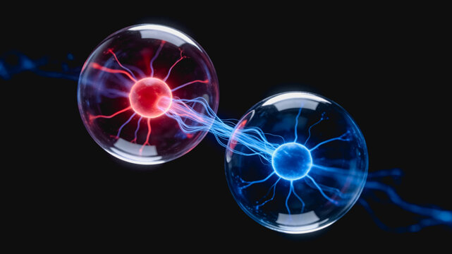 Two glowing transparent spheres with red and blue plasma filaments connect across dark space, illustrating energy interaction or quantum concept.