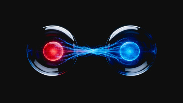 A digital illustration showing two entangled quantum particles contained in transparent spheres, connected by energy streams, against a dark background.