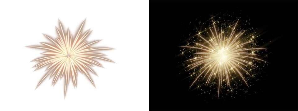Golden festive fireworks burst, shining star explosion with glowing sparkles isolated on transparent background