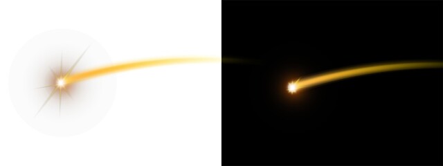 Glowing shooting star or comet with bright light trail, magic glowing particle trail element for design, isolated on transparent background © Vc