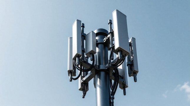 Close up of 5G small cell antenna array on metal pole against blue sky. Modern telecommunication hardware provides high speed wireless internet connectivity in smart city. Advanced network