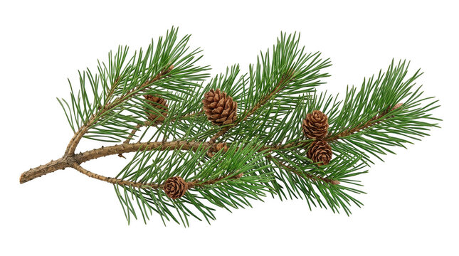 Fresh green pine tree branch with brown cones for winter holiday isolated on transparent background