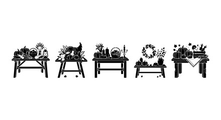 Fototapeta premium Harvest Festival Table Icons, Autumn Bounty Vector Graphics, Seasonal Produce Arrangements, Thanksgiving Celebration Elements