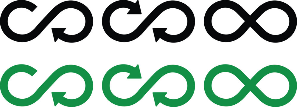 Green infinity loop symbols with arrows, representing recycling, sustainability, and circular economy concepts