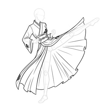 Hand drawn sketch of Female fantasy kimono split skirt kick.