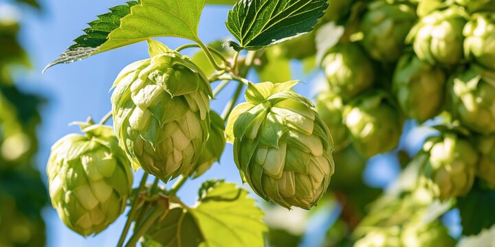 Fresh green hop cones on vine with leaves against blue sky