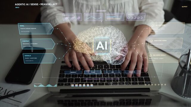 A person types on a laptop as an agentic AI workflow connects business goals, contextual information and live signals to planning, execution and validated results.
