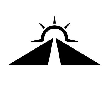 a half-circle sun with sunburst rays emerging from behind sharp geometric landscape shapes. This striking design is great for travel agencies, transit companies, road trip blogs, motivation brands