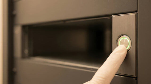 Elevator button finger touch technology access crisis management concept with glowing control interface and precise human interaction