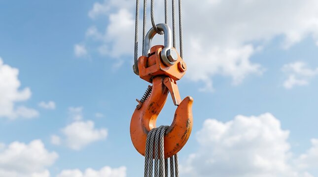 Industrial lifting equipment featuring a large metal crane block and tackle mechanism outdoors