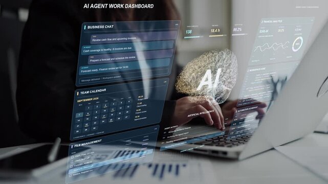 A woman works on a laptop. Business finance workflows combine invoice handling, payment tracking and approvals, with an AI assistant helping organize the next actions.