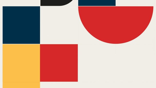 Abstract graphic composition featuring minimalist geometric shapes in primary colors on light background