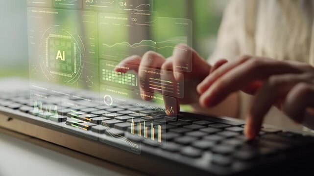 Hands type on a keyboard. Neural computing and predictive analysis share a workspace with training curves and comparison metrics, illustrating how AI models are monitored and assessed.