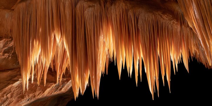 Dense clusters of cave formations with warm orange lighting and dramatic shadows