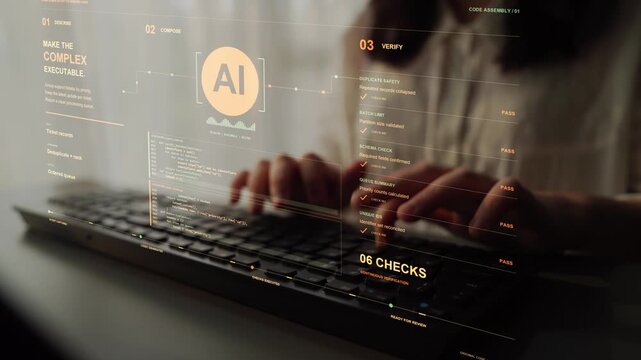 Hands type on a keyboard. A code generation workflow combines ticket handling requirements with automated checks, illustrating how specific business rules can shape an implementation.