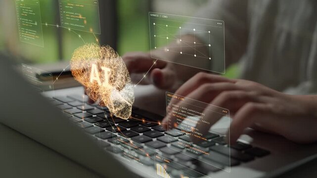 Hands type on a laptop. An AI reasoning core connects contextual records, semantic relationships and program activity, illustrating how organized knowledge informs execution.