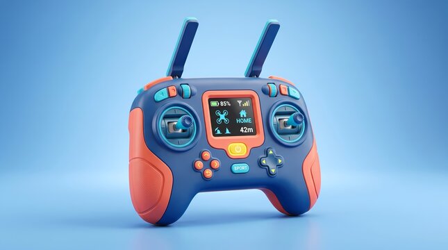 vibrant blue and orange drone remote controller featuring dual control sticks, antennas, buttons, and a central digital screen showing flight status against a clean blue background.