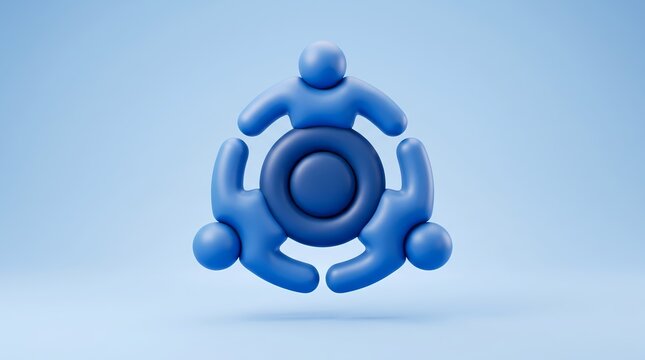 3D rendered graphic showing three abstract blue human figures linked together in a circle, symbolizing corporate teamwork, partnership, and unity. The clean, minimalist icon is centered against a soft