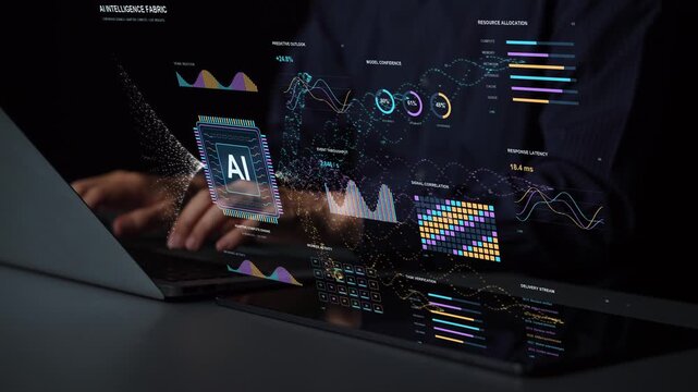 A tablet and laptop are in use. Predictive results and operational measurements describe an AI processing environment, connecting inference activity with resource demand and output delivery.