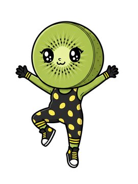 A high-energy and joyful vector illustration of an adorable kiwi slice mascot jumping with absolute delight. Dressed in a stylish black jumpsuit patterned with bright yellow lemon slices