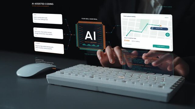AI specialist works at a keyboard. An AI coding workflow brings a navigation prompt, implementation code and a map interface together, illustrating the prototyping of location-based software.