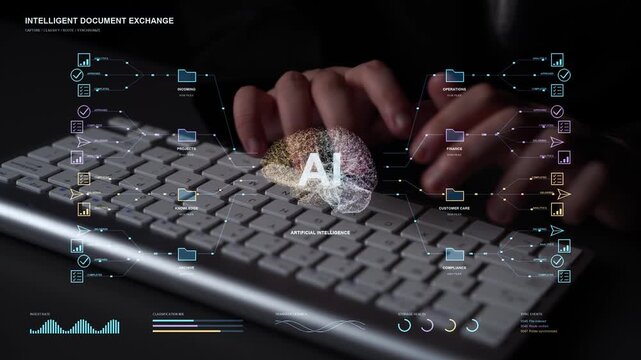 AI specialist works at a keyboard. A document automation system connects source files with departmental activity, combining verification and routing to support controlled information exchange.