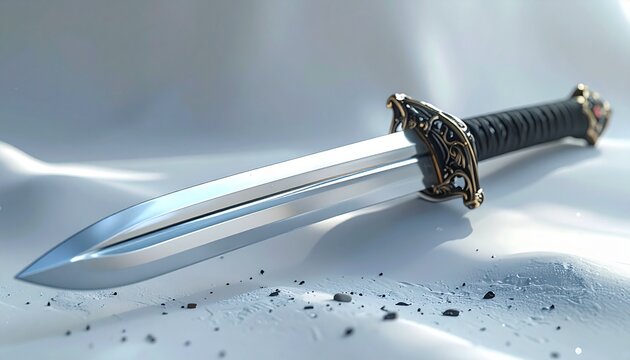 Close Up of Decorative Medieval Sword on White Surface