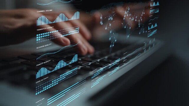 Typing continues. Global connectivity links distributed users and services, while monitoring reveals differences in traffic, transmission quality and response time across the network.