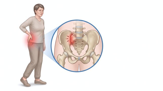 Woman experiencing hip pain with anatomical illustration showing inflamed joint