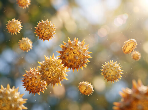 Close up view of spiky pollen particles floating outdoors in bright sunlight