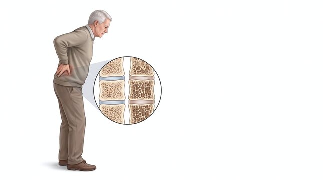 Elderly man with back pain magnified view of spinal vertebrae illustrating bone degeneration