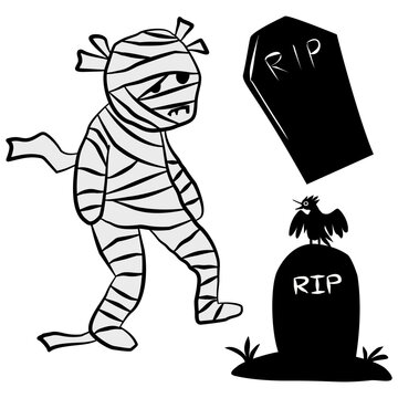 Halloween mummy character with rip gravestone and crow vector illustration