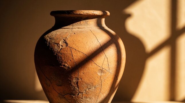 Ancient cracked clay pot sits in warm sunlight casting dramatic shadows. Rustic earthenware vessel displays time-worn texture, evoking history and timeless beauty.