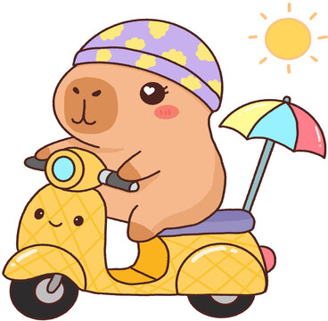 Cute kawaii capybara wearing a nightcap riding a yellow scooter with a beach umbrella under the sun, perfect for travel illustrations