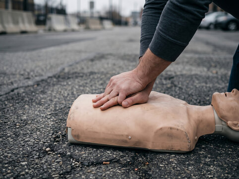First aid training course participant practicing CPR compressions on mannequin outdoors
