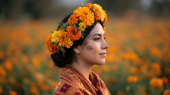 A stunning portrait of a young Mexican woman adorned with a traditional marigold flower crown, standing gracefully in a lush, vibrant orange cempasuchil field, celebrating the cultural heritage and...