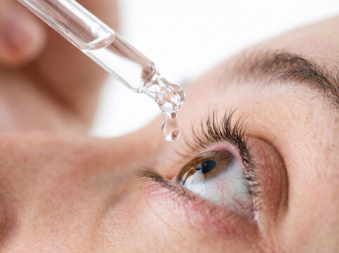 Applying liquid soothing eye drops into patient wide eye