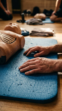 Group of students practicing CPR chest compressions on training dummies indoors