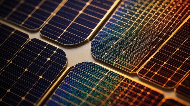 Extreme close up of quantum dot solar cell panels. Advanced solar technology surface shows colorful light absorption patterns. Microscopic view of photovoltaic cells with enhanced energy conversion