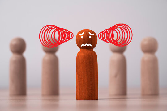 Stressed employee surrounded by coworkers and pressure symbols representing workplace stress, anxiety burnout, conflict, bullying, mental overload and a toxic work environment concept.