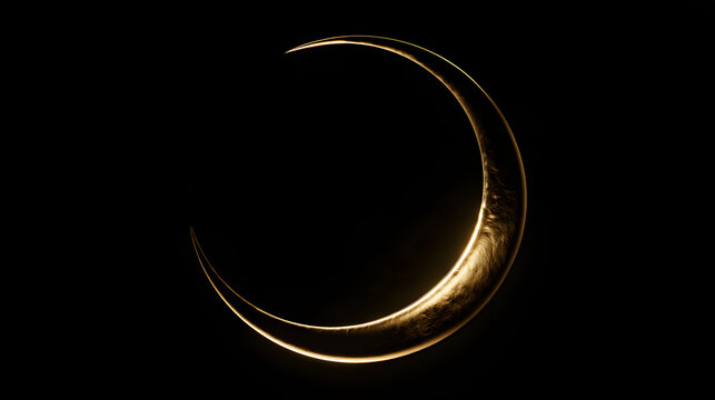 A golden crescent moon, its curved form shimmering gracefully, embodies elegance. Detailed to a photorealistic degree with a hint of refined touch.