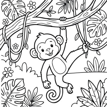 Cute cartoon monkey hanging from a jungle tree branch for coloring page