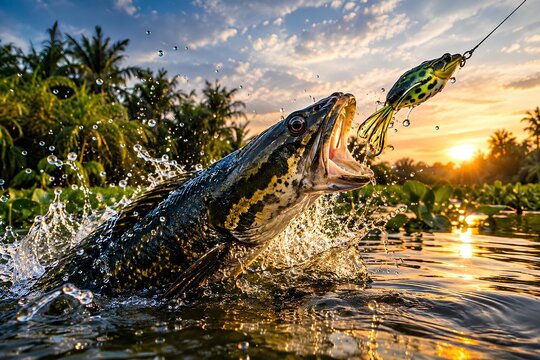 Giant Snakehead Fish Striking Frog Lure in Tropical Water