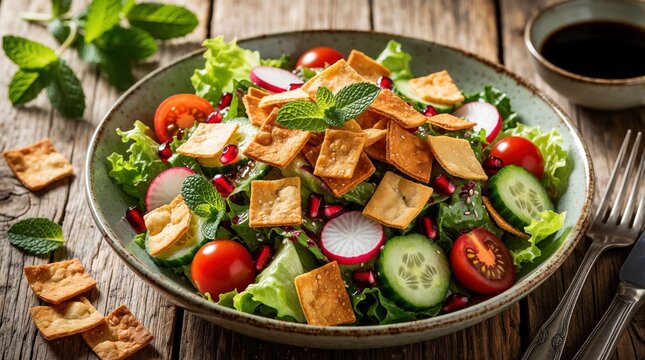 Fresh fattoush salad with crisp pita chips in bowl. Colorful vegetables, lettuce, tomatoes, radishes, cucumber, pomegranate seeds create vibrant dish. Healthy Mediterranean meal seasoned with herbs,