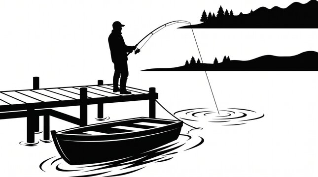 Fisherman Fishing from Wooden Pier by the Sea
