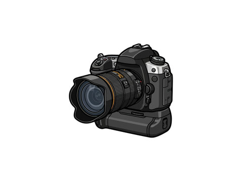 Vector Illustration of professional camera with large telephoto lens for photography and digital media design