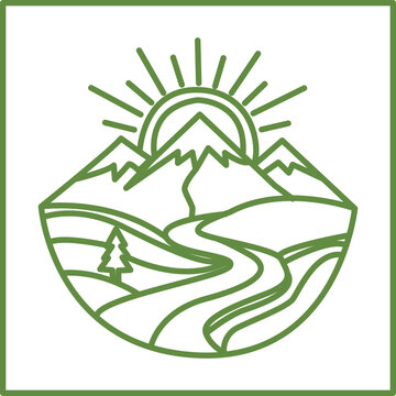 Mountain Sun River Landscape Outdoor Icon Design, vector isolated on white